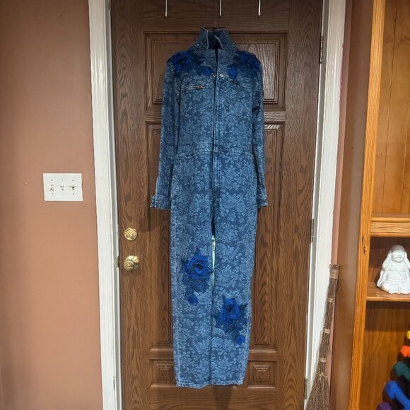 Tricia Fix embellished upcycled floral denim jumpsuit ~ L - Picture 9 of 10
